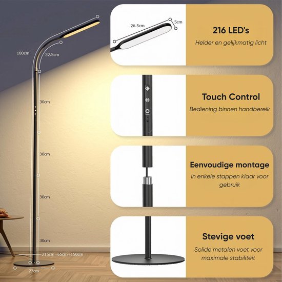 Afmetingen en functies van de zwarte LED staande lamp: 216 LEDs, 180cm hoog, touch control, montage, stevige voet.