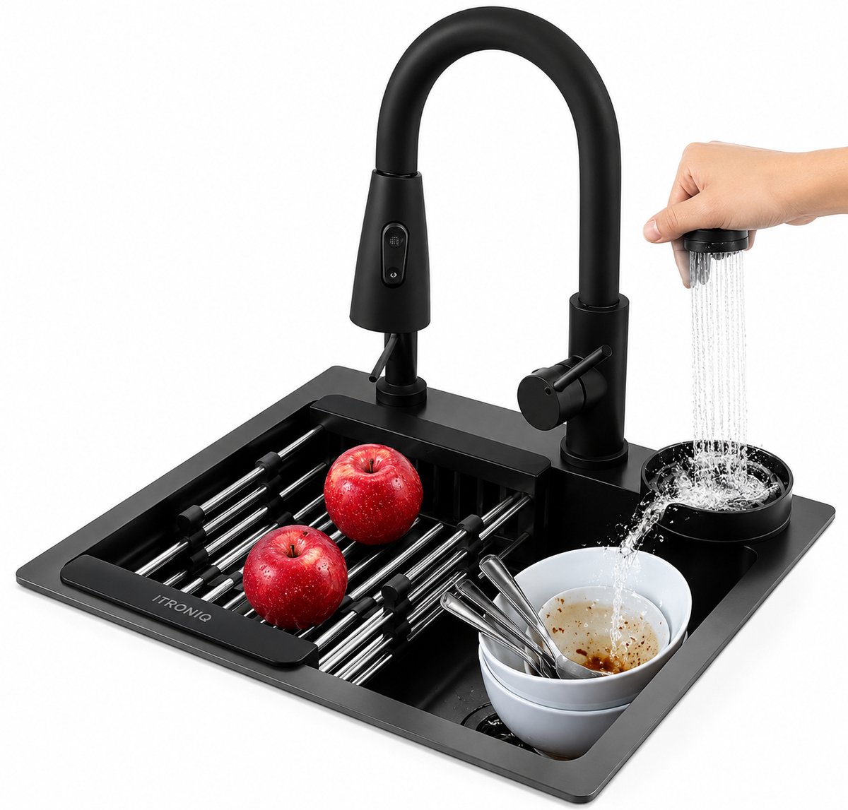 ITRONIQ Zwarte Keukenspoelbak RVS 45x40 CM - Inclusief Uittrekbare 360 Graden Kraan, Bekerspoeler, Zeepdispenser en Druiprek