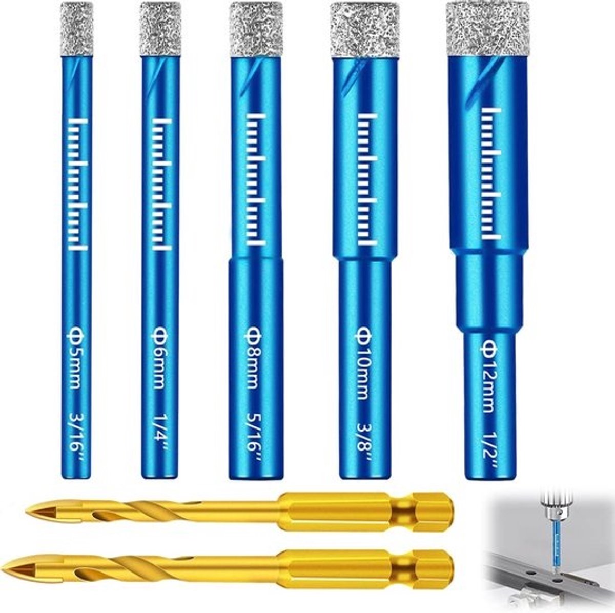 Diamantboorset Rond voor Harde Materialen - 5 Stuks (5-12 mm) Plus 2 Goudcarbide Punten (4-6 mm), Zeskant Schacht, Ideale Keuze voor Tegels, Graniet, Marmer, Blauw