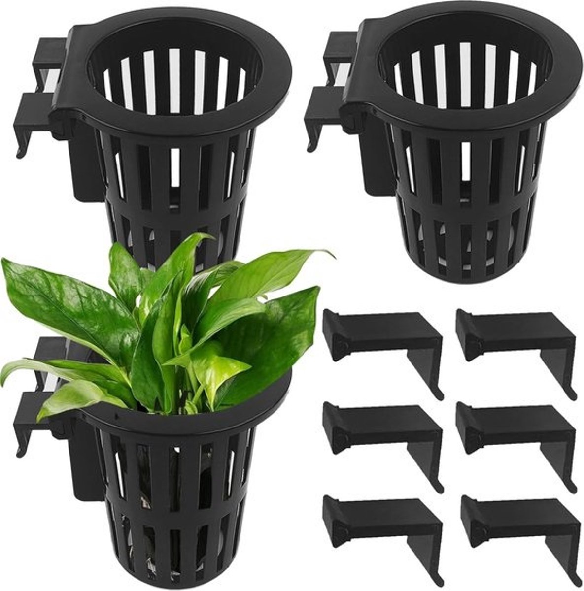 Vijverplant Manden - Aquarium Decoratie - Watercultuur - Met Haak en Zuignap - 3.9 inch diep - Zwart