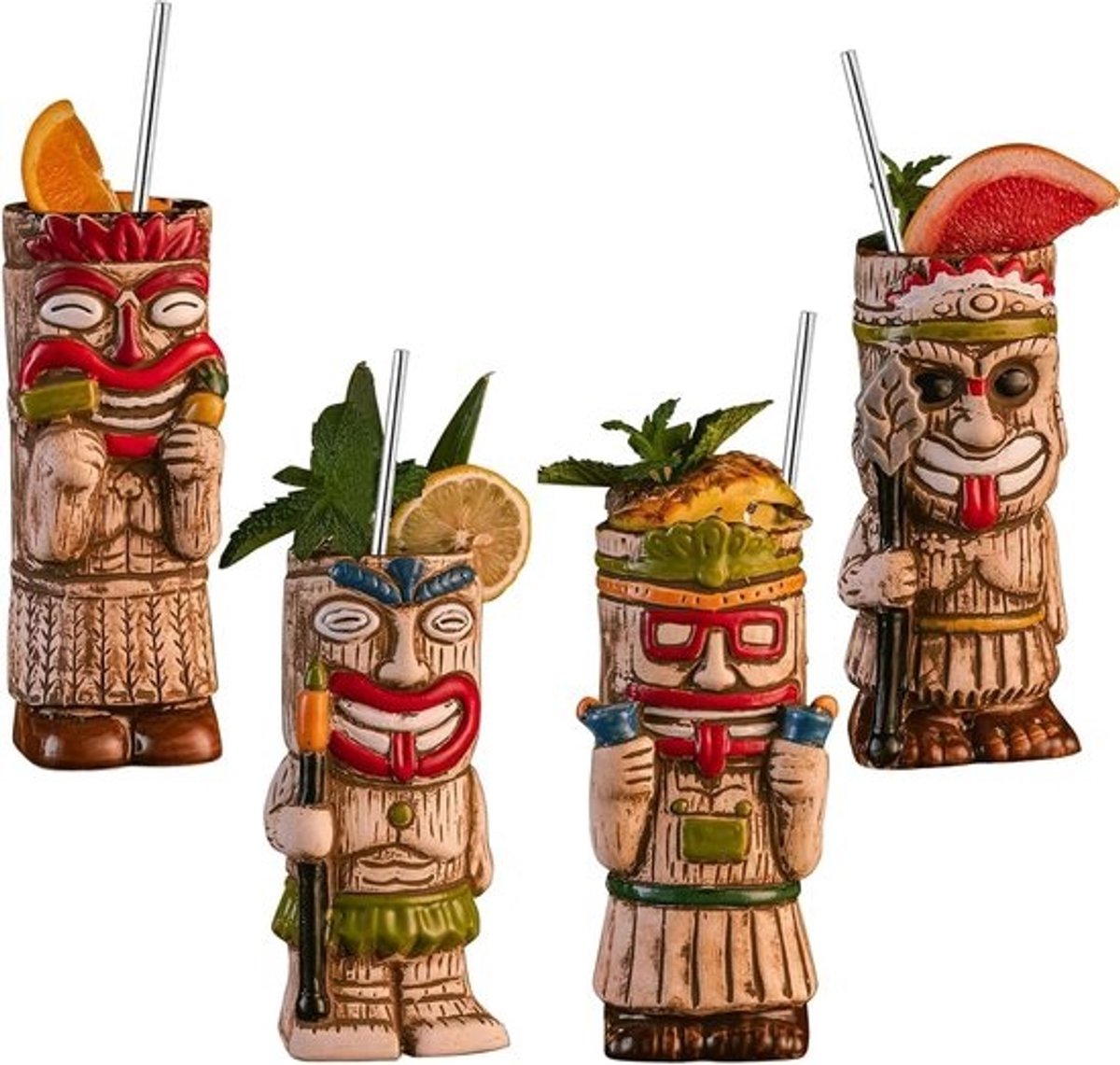 Tiki Mokken Set - Tropische Bekers - Cocktails Serveren - Keramisch Mat Materiaal - 4 Stuks - Exotisch
