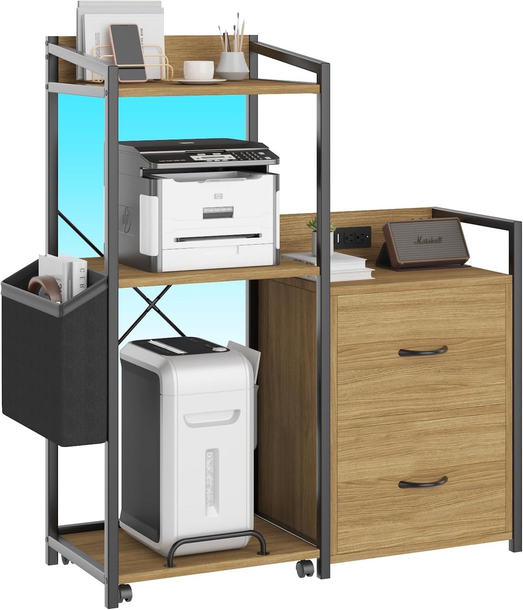 Industriële Printerkast met Laden - Mobiel Bureaukastje - Archiefkast voor A4-Documenten - Printerstandaard met Opbergruimte - Zwart & Goud - 96 x 40 x 125 cm