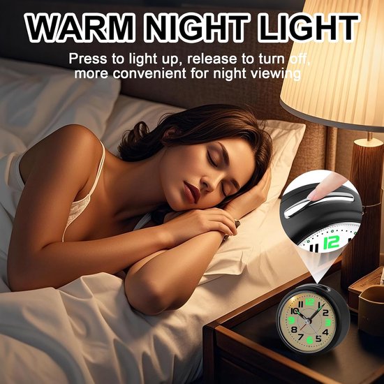 Analoge Wekker - Reiswekker Tafelklok - Stil Wakker Worden - Lichtgevende Wijzers - 8.5 cm - Wit — afbeelding 3