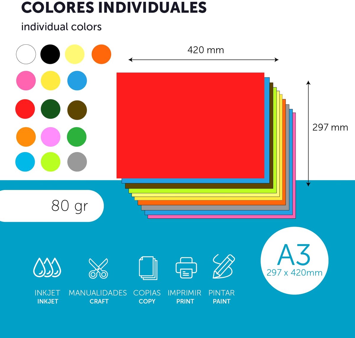 Kleurfolie, A3, 80 g, voor printers en knutselwerk, verschillende papiersortimenten voor kinderen, gekleurde folies - ShopVlot