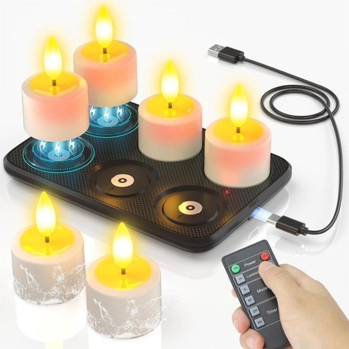 SoulBay 6 pcs rechargeable LED tea lights with charging station