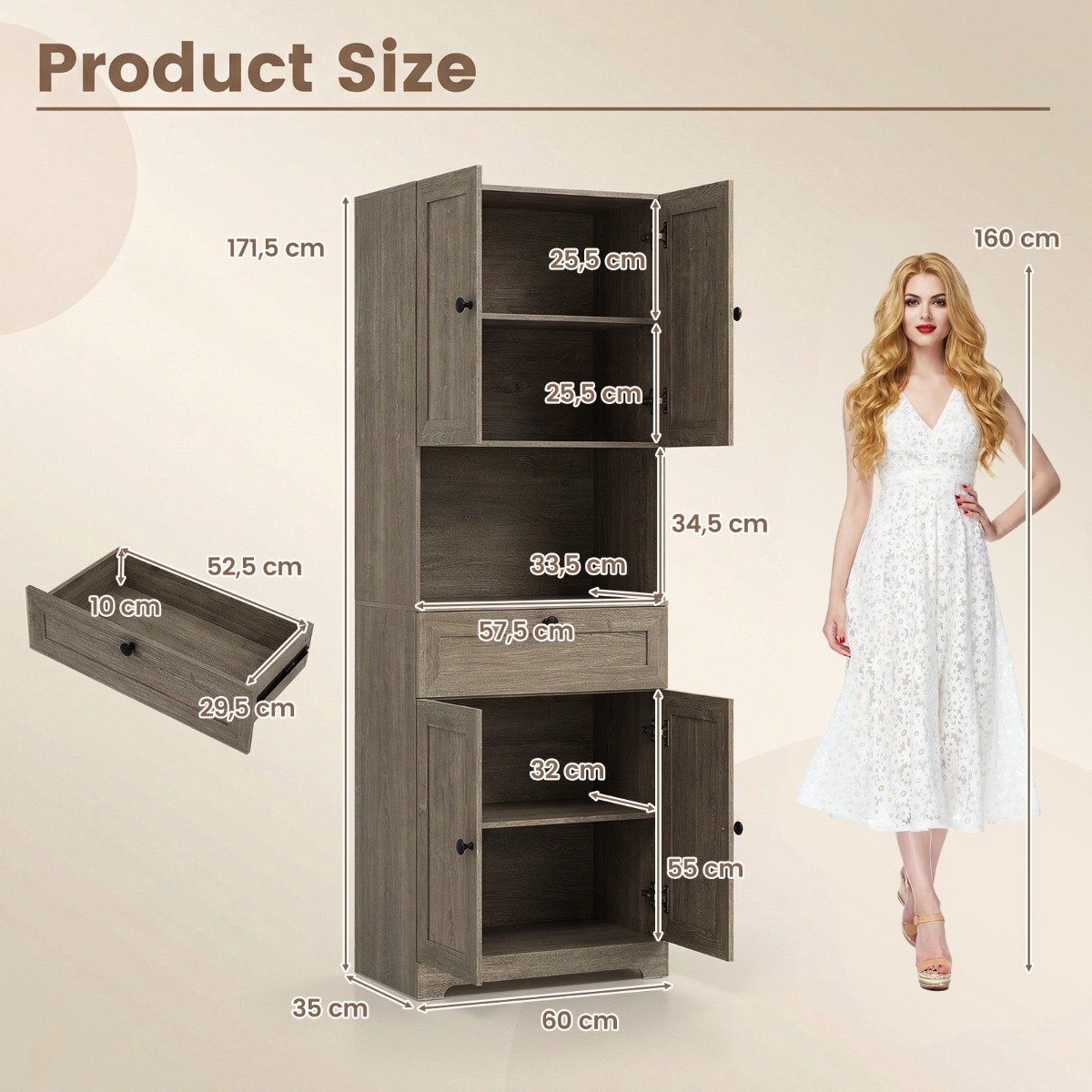 SureDeal® - Badkamerkast - Hoge Vrijstaande Opbergkast - Deuren - Lade - 60x35x171,5 cm - Grijs