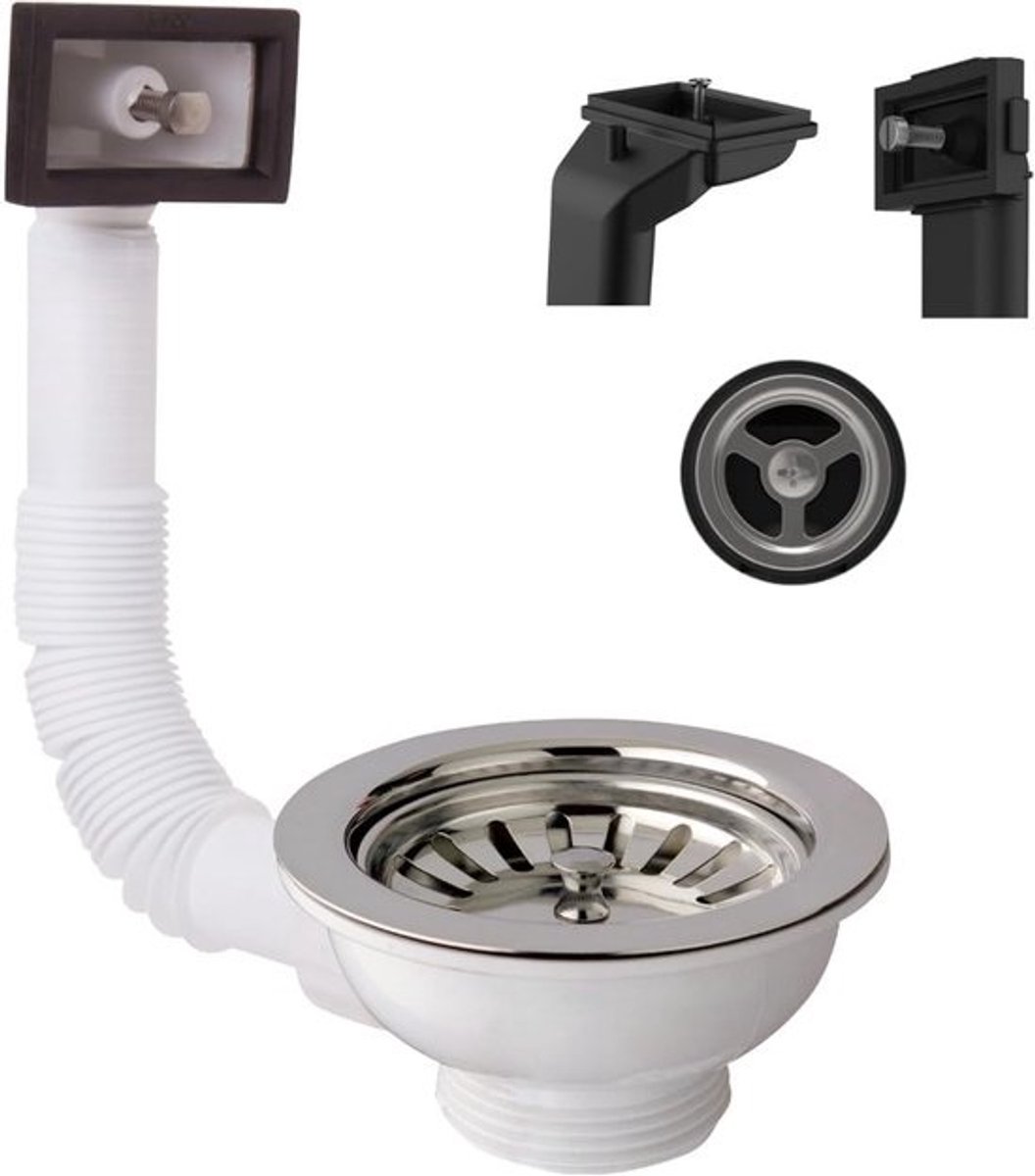 Universele Afvoer voor Spoelbakken met Rechthoekige en Ronde Overloop - Ø 90 mm, Uitgang 1 1/2 inch