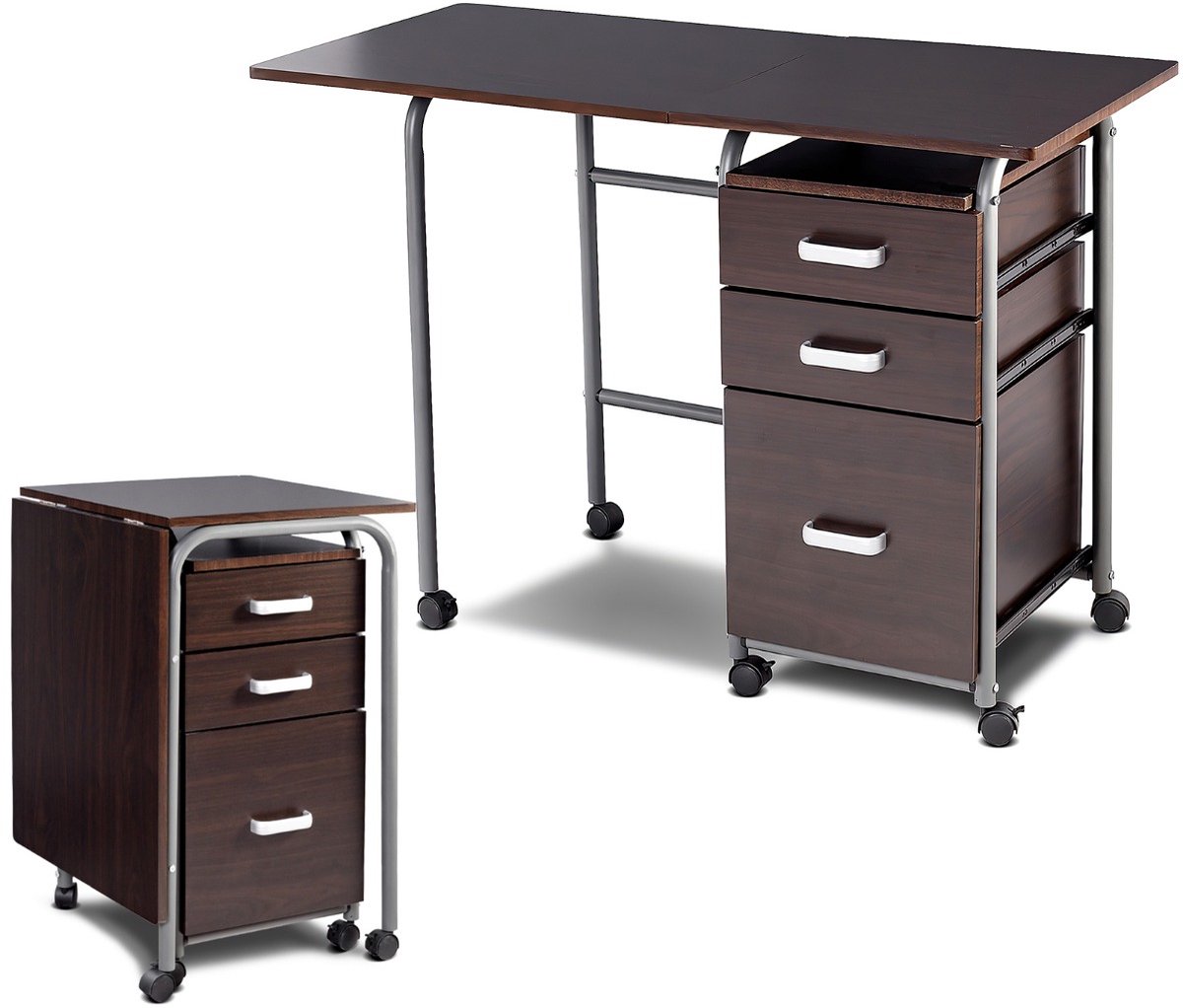 SureDeal® - Bureau - Inklapbare Computertafel - Laden - Wieltjes - Metalen Klapbureau - 105x51x74 cm - Bruin