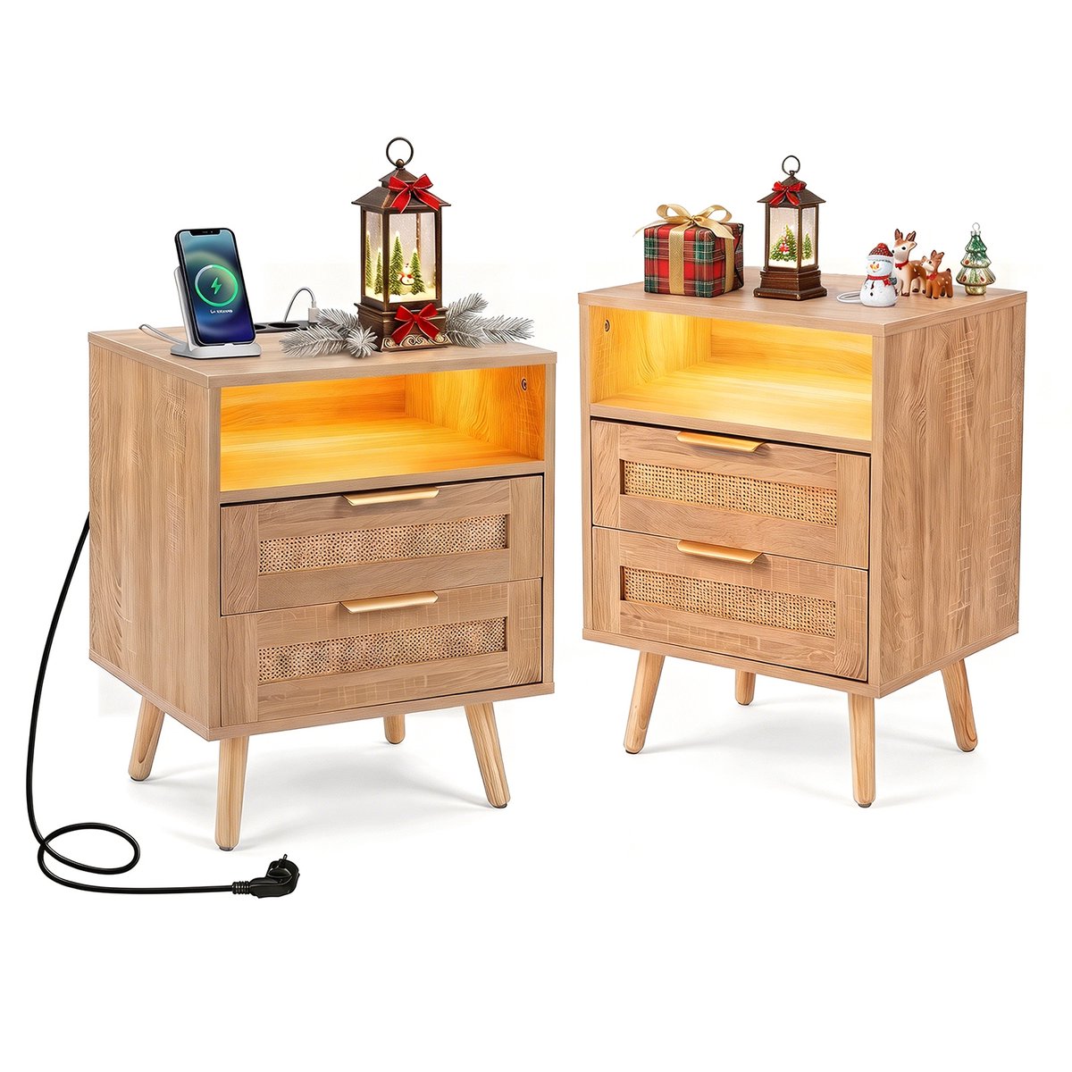 SureDeal® - Nachtkastje - Oplaadstation - Led verlichting Bijzettafeltje - Rotanlook Naturel - 45x35x61,5 cm - Naturel