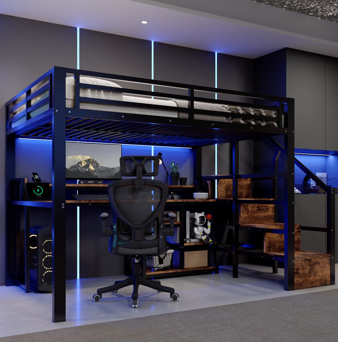MIVRAY Hoogslaper 140 x 200 cm - Met Trapkast, Opbergvakken, Ledverlichting En Usb C Opladen - Voor Slaapkamer - Metaal En MDF Zwart