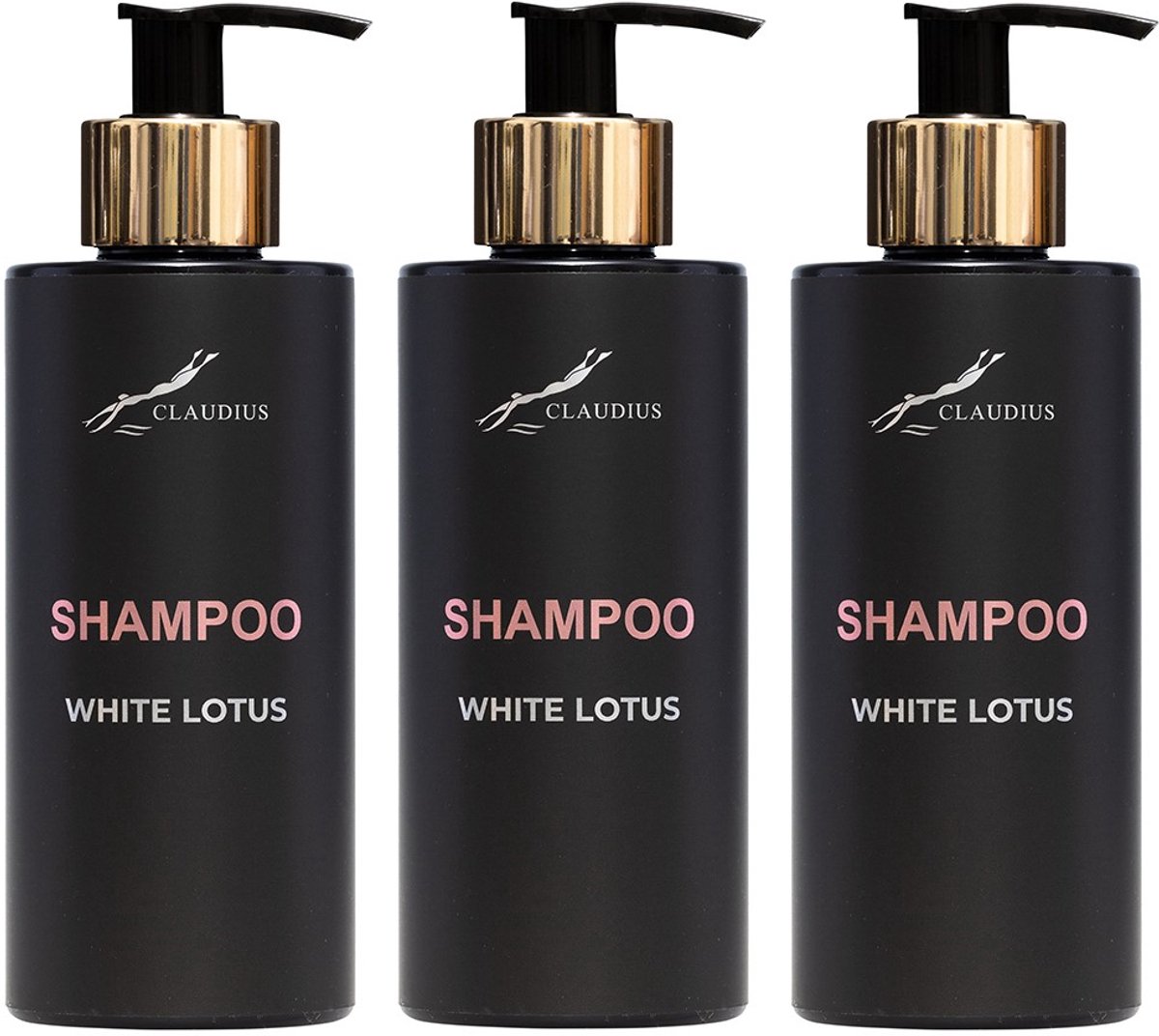 Shampoo White Lotus 300 ml - met gouden pomp - zwarte fles - set van 3 stuks - Voordeelverpakking