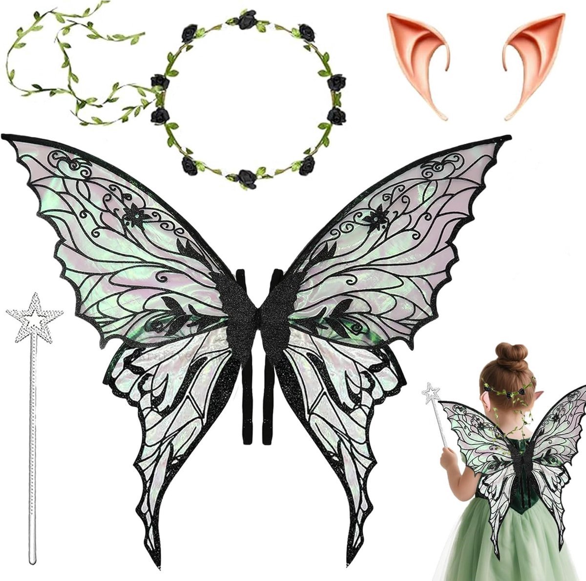 casalora - Elf Verkleedset - Feeënkostuumset - Inclusief Vleugels 72x55 cm,Toverstaf,Elfenoren,bloemenkrans - Verkleedkleding Accessoires - Ideaal voor cosplay, feestjes - zwart