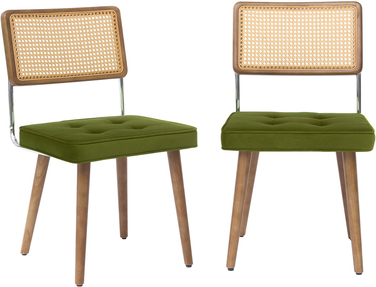 Triumpunpre - Set van 2 Eetkamerstoelen - Mid‑Century Rotan Stoelen - Gestoffeerde Zitting - Massief Houten Poten voor Eetkamer en Woonkamer - Fluweel | Groen