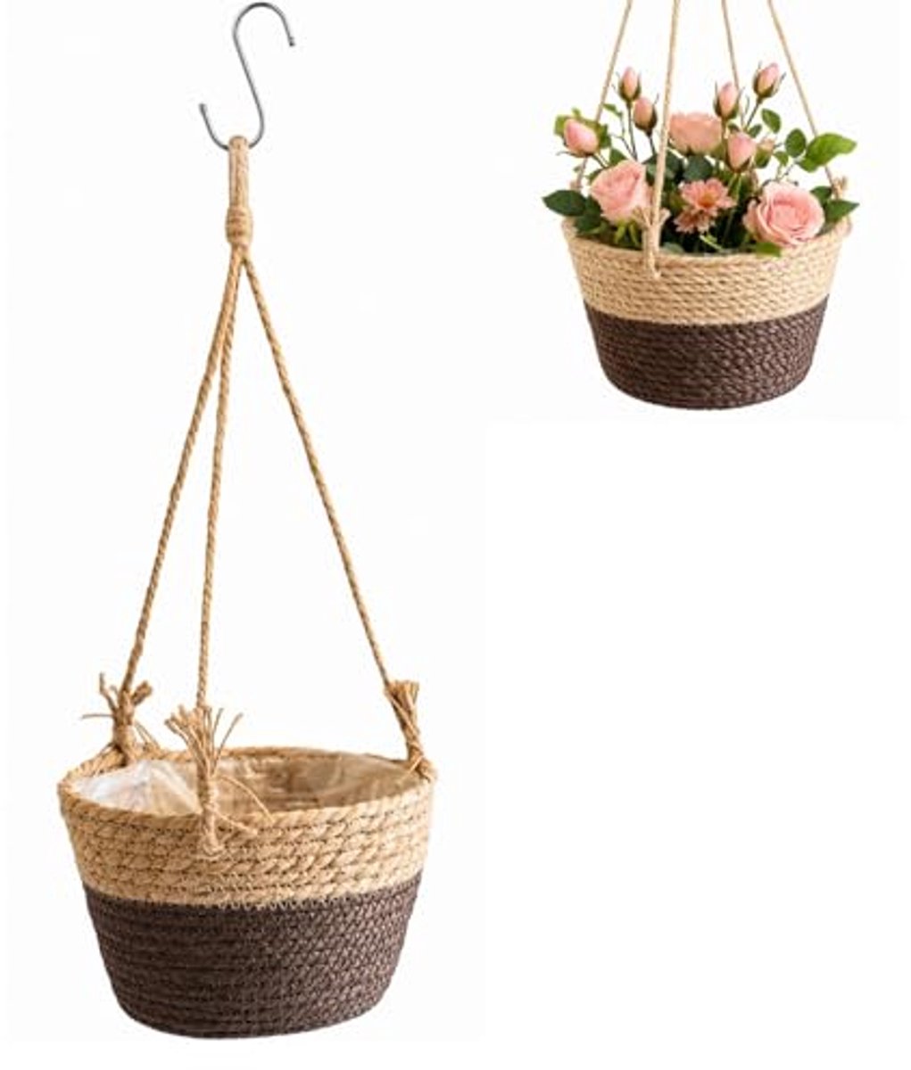 Bloempot - Hangmand - 2 stuks- Plantenmand - Gevlochten Hangende Plantenmand - Riethangmand met Plastic Binnenvoering - Woonkamer Balkon Tuin - 50 x 20 x 12 cm - Half Bruin