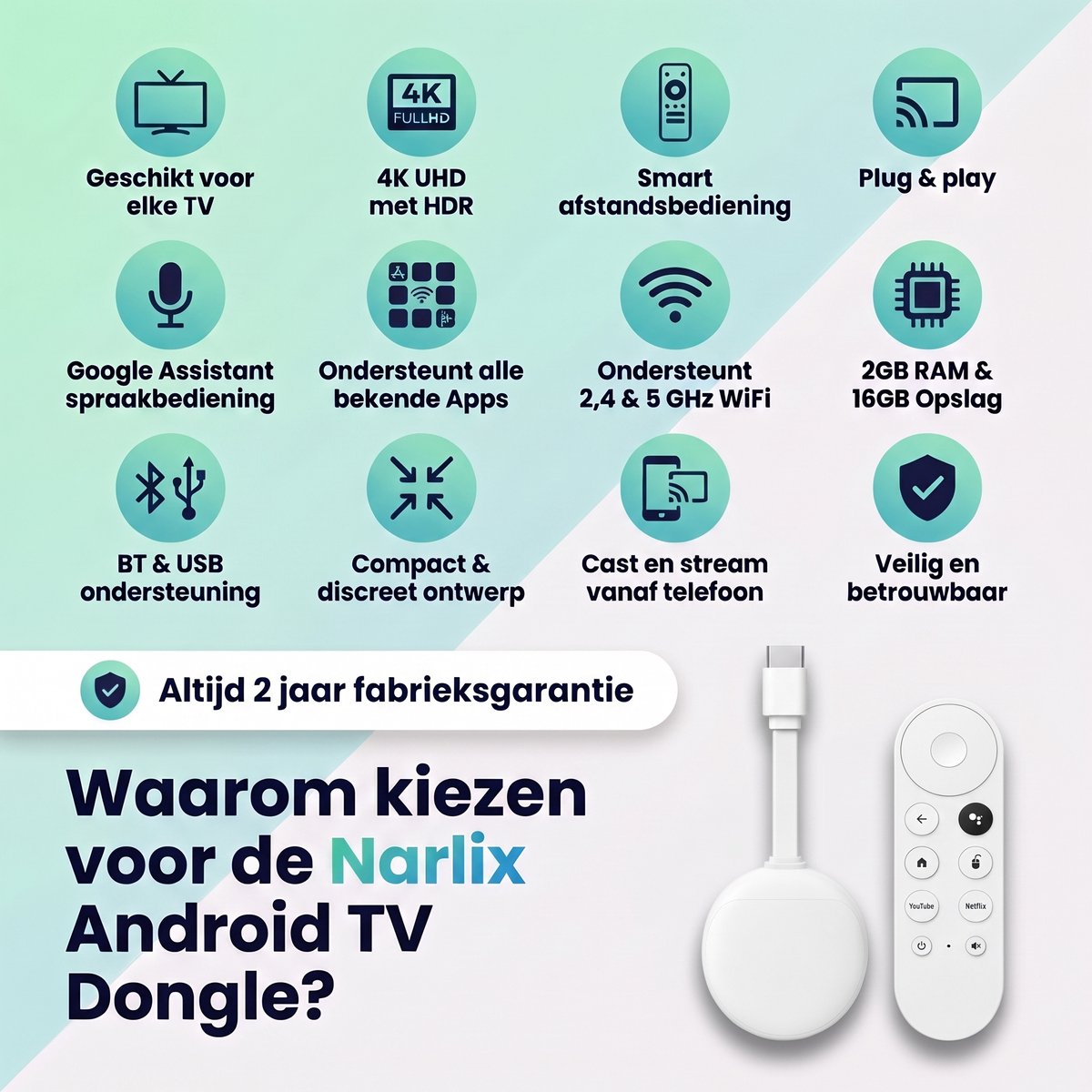 Narlix TV Dongle 4K Ultra HD - Android Streaming Box - WiFi & Bluetooth - 16GB Opslag - Geschikt voor Chromecast-functionaliteit - Incl. Batterijen - Smart TV Stick - Geschikt voor Netflix, YouTube & meer — cadeau in Elektronica - foto 4