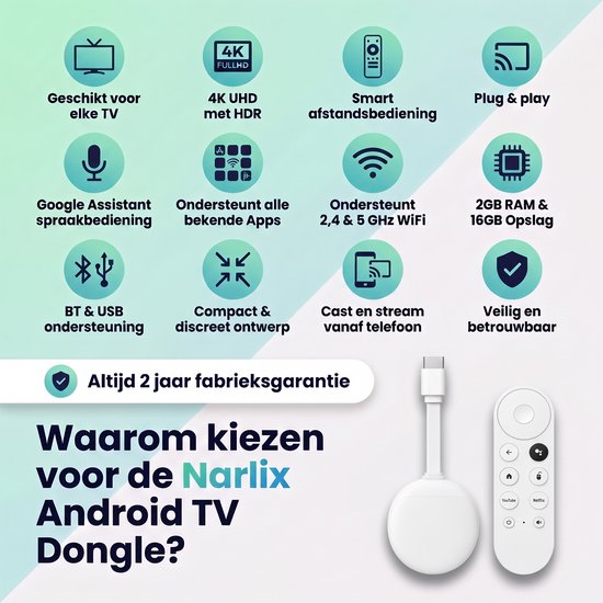 Narlix Android TV Dongle met afstandsbediening. Kenmerken: 4K UHD, Google Assistant, BT & USB, compact, 2GB RAM & 16GB opslag.