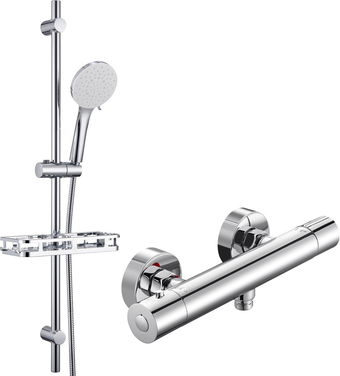 Auralum max Doucheset - Inclusief thermostaatkraan Douchekraan - 15 cm Hartafstand - 90 cm Glijstangset met Plankje - 6 Standen Douchekop - 150 cm Doucheslang - Met CoolTouch technologie - Waterbesparend - Chroom&Wit