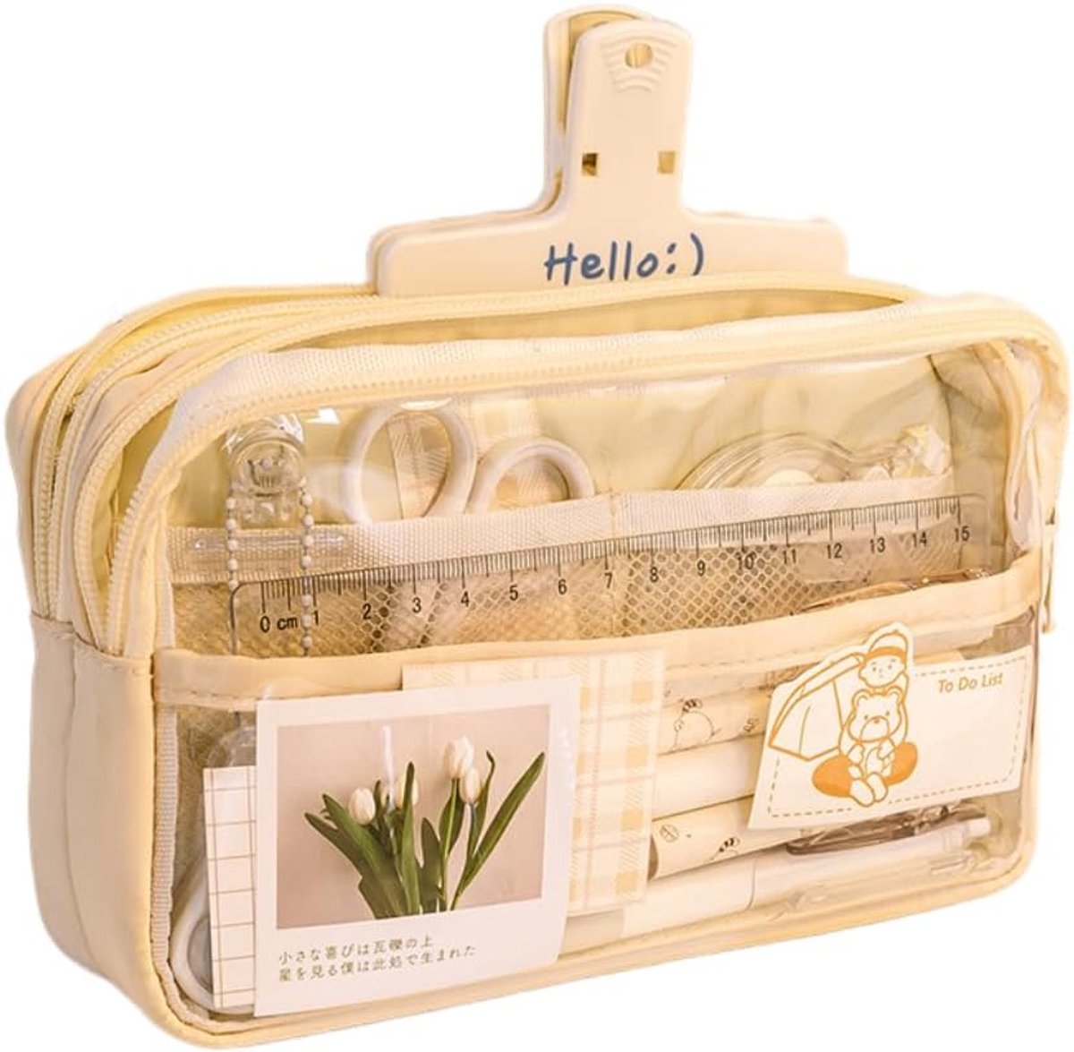 School Etui - Grote Pennenzak - Doorzichtige Pennenetui - Schattige Kawaii Etui - Beige - Voor School en Studenten