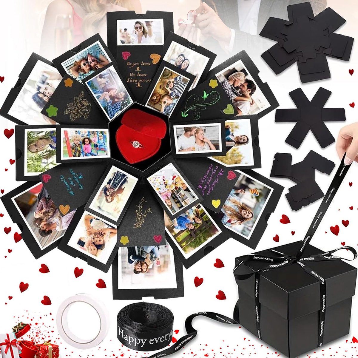 Explosion Box - Foto Box - Fotoalbum - Mistery Box - Unieke geschenkdoos - Explosie Foto Doos - Fotoboek - Album - Explosie box - Fotobox - Opbergdoos - Knutselen - Geweldig Cadeau voor Vrouw & Man - DIY zelfbouwpakket - DIY Mystery Gift Box - Zwart