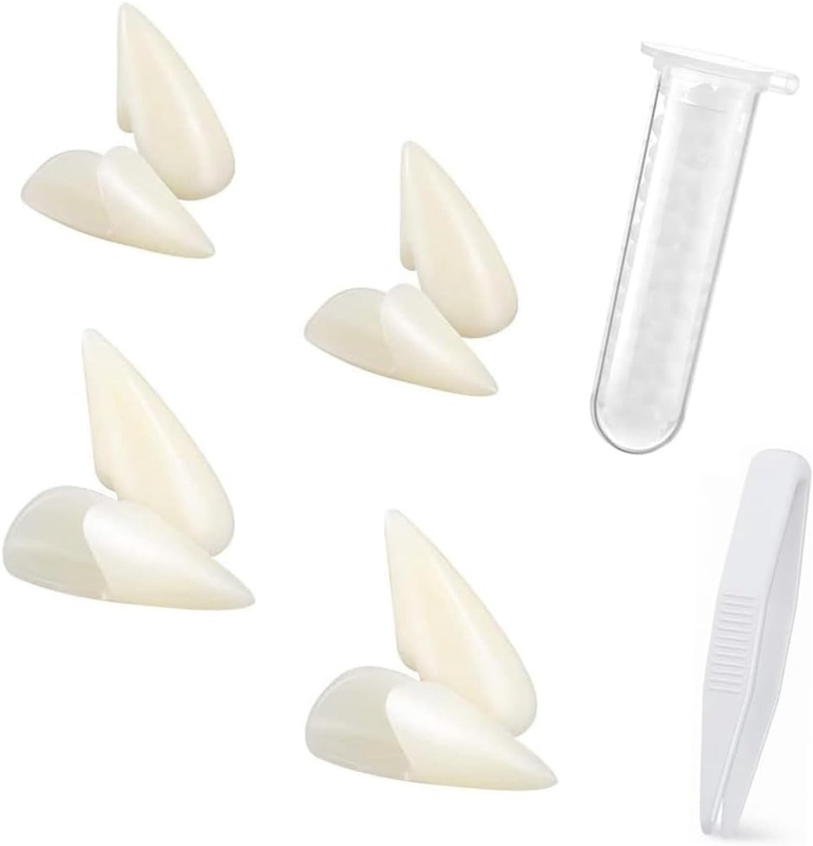 Halloween Vampier Tanden voor Kinderen - 4 Paar Nep Tanden met Cosplay Lijm en Pellets, Ideaal voor Feestjes, Halloween Kostuums en Spelletjes in 4 Maten van 1.3 tot 1.8 cm