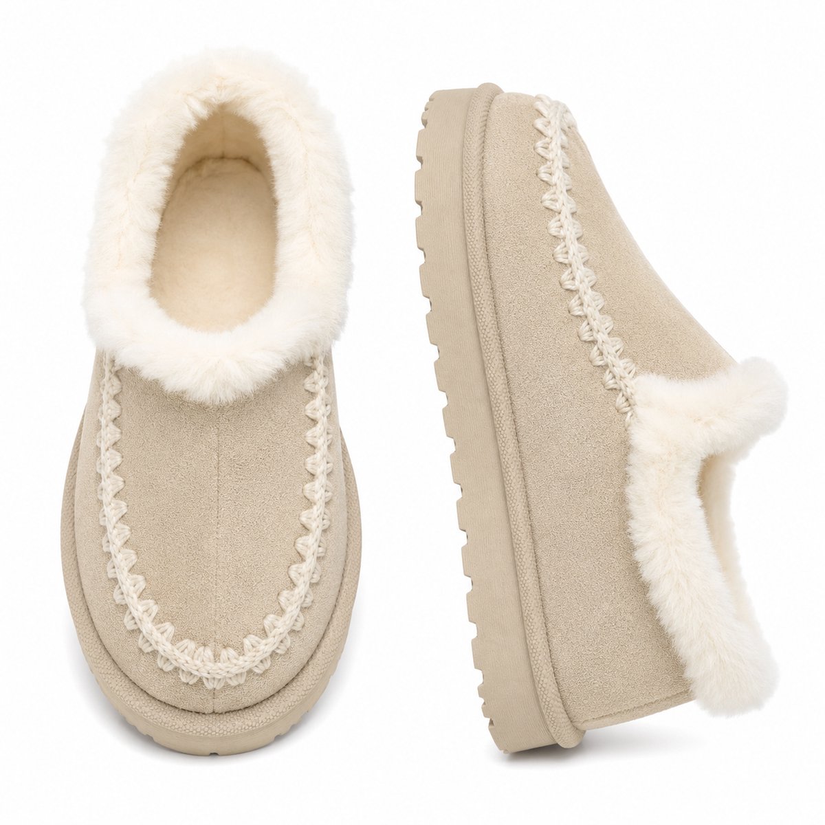 Dames Pantoffels – Warme Sloffen Dames – Huisschoenen voor Binnen & Buiten – Bontvoering – Stevige Zool Maat 36 – Beige – Valt klein, bestel 1 maat groter