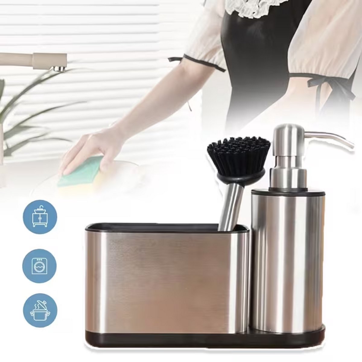 Gootsteen Organizer - Zeepdispenser Set RVS - Met Borstel & Vakken