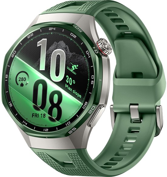 Huawei Watch GT 7 Pro met zilverkleurige kast en groen bandje, wijzerplaat met ski-icoon.