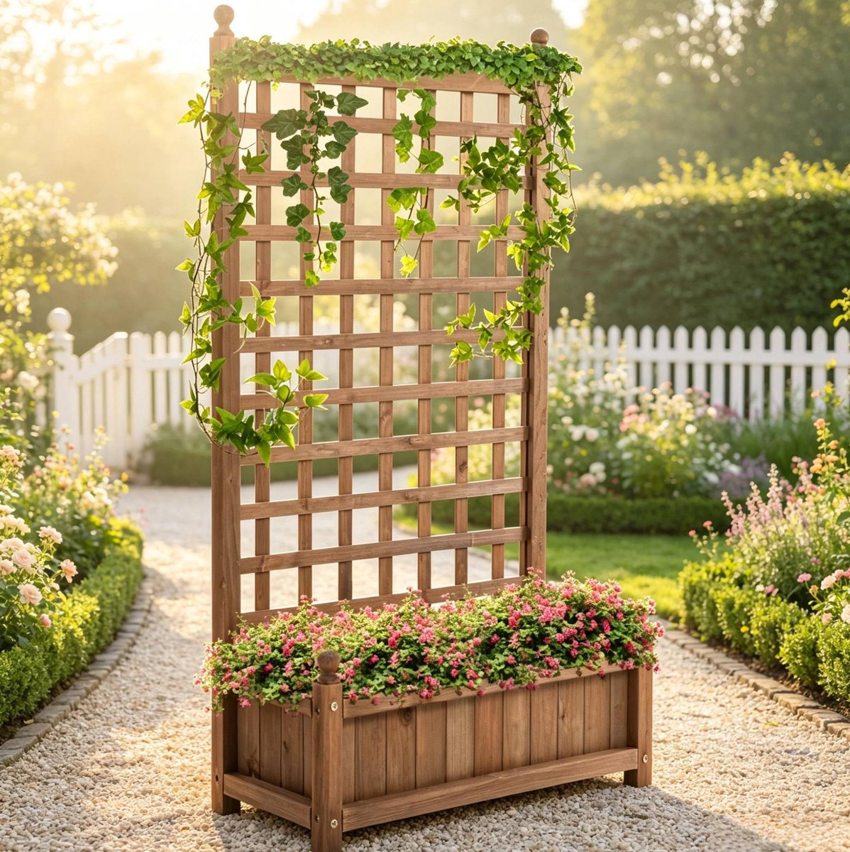 Plantenbak Met Klimrek 64 X 28 X 120 Cm Hout Natuurkleur Voor Buiten Verticale Tuin Met Rooster Achterwand En Ruimtebesparend Ontwerp