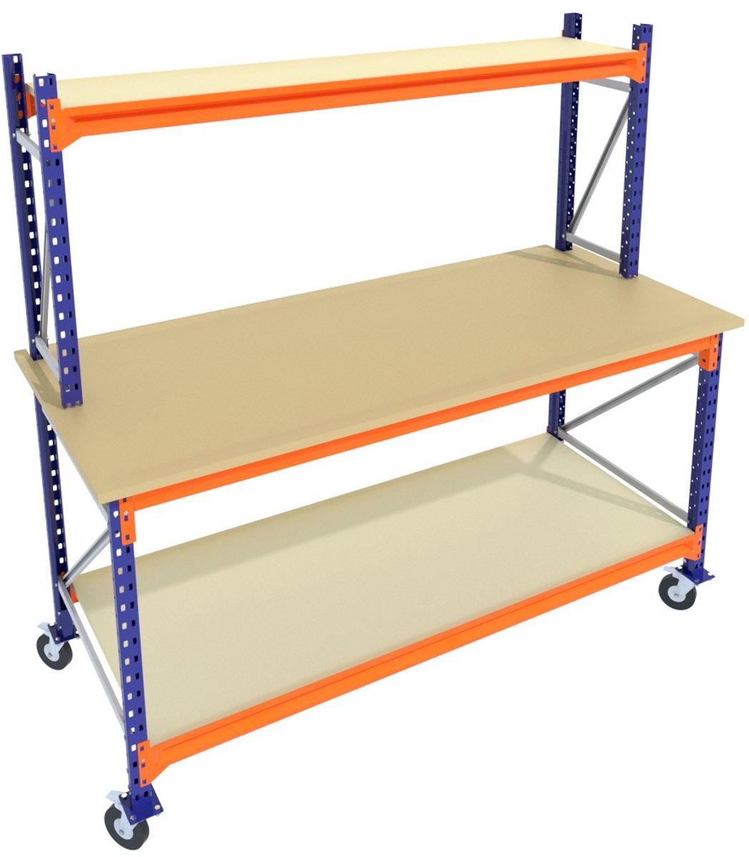 Werkbank of Inpaktafel op wielen met opbouw Blauw 200cmx105cm - 2 niveaus (multiplex, 1 opbouw, zwarte wielen)