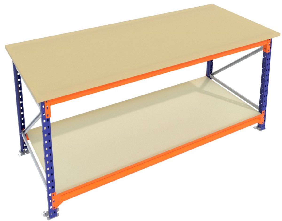 Werkbank & Inpaktafel vast model Blauw 200cmx85cm - 2 niveaus (multiplex)