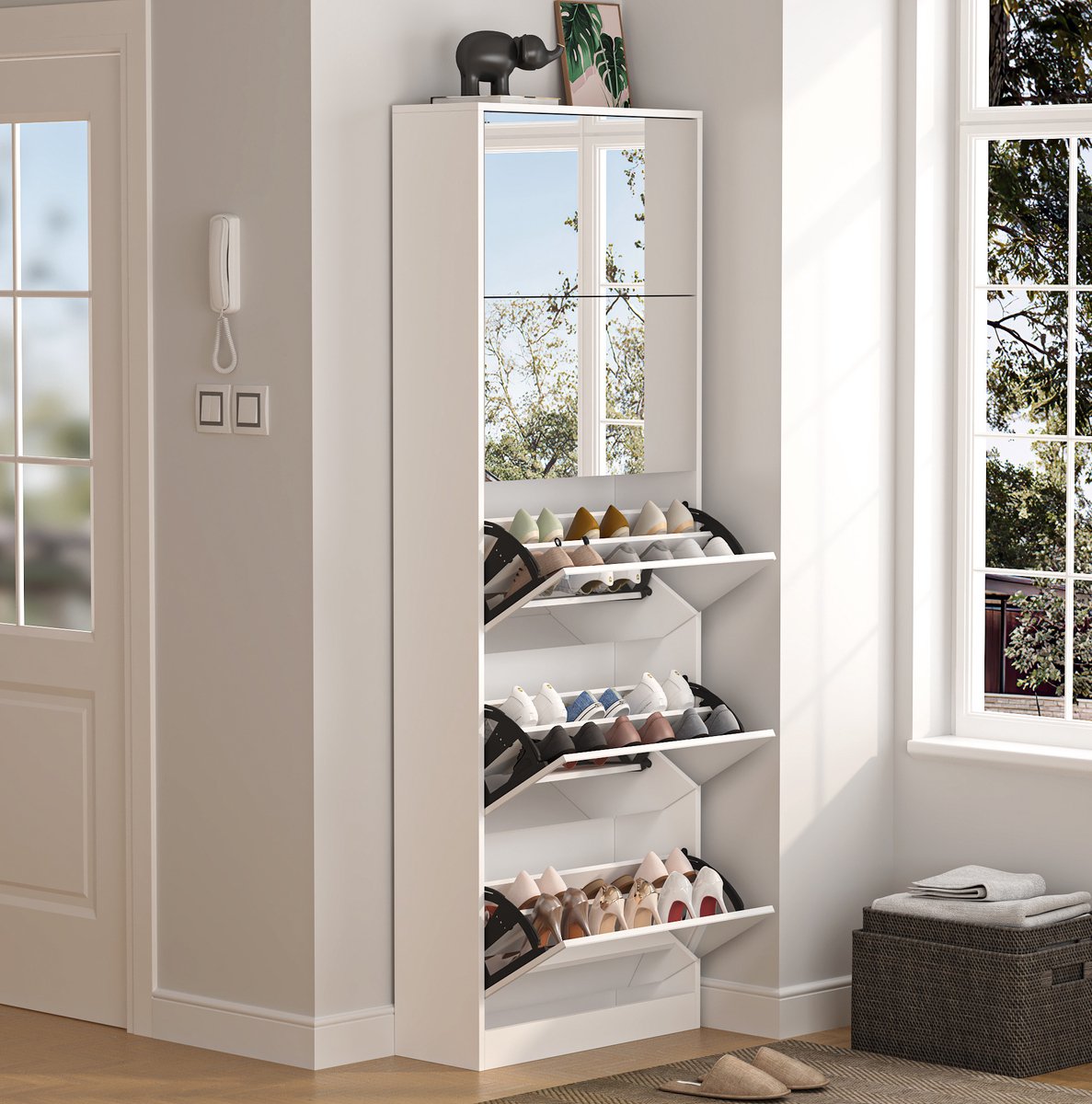 DESMIU Schoenenkast Met Spiegel En 5 Klapladen - Vrijstaand Smal Design Voor Hal En Entree - MDF En Melamine - Wit - 63x24x185 Cm