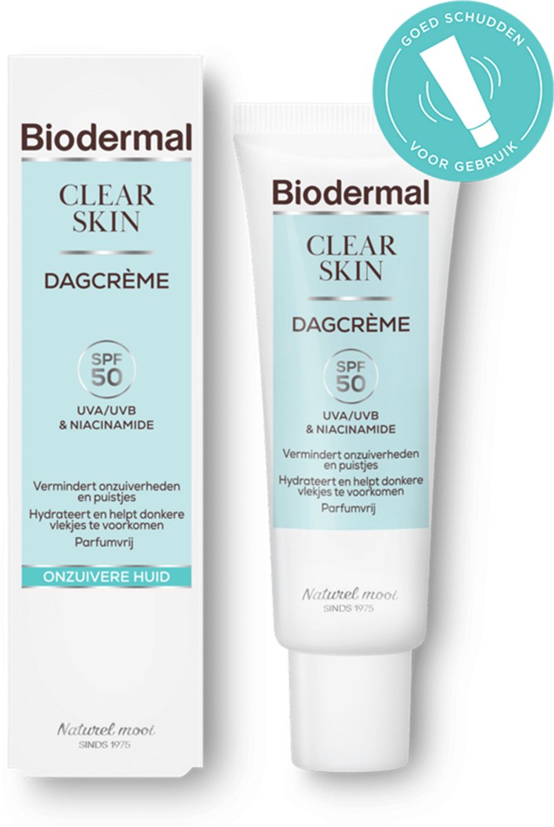 Biodermal Clear Skin Dagcreme SPF 50, 30 ml - met UVA/UVB en Niacinamide, Vermindert onzuiverheden en puistjes, Hydrateert en helpt donkere vlekjes te voorkomen, Parfumvrij, voor Onzuivere huid
