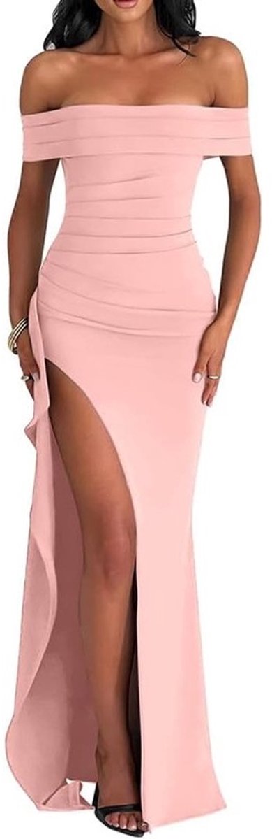 Avondjurk Dames - Maxi Jurk - Feestelijke Gelegenheid - Hoge Split - S tot XL - Zwart/Roze