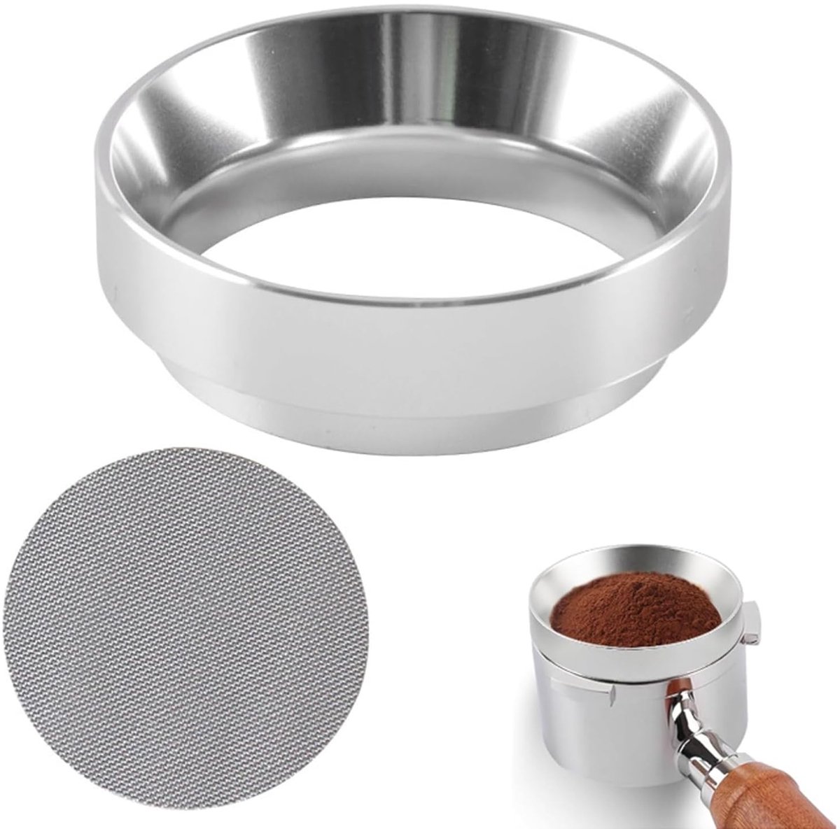 Koffie-dispenserring 58 mm met display-puck en trechter, espresso-accessoires, roestvrijstalen barista-tools voor hopper, zeef en filterhouder