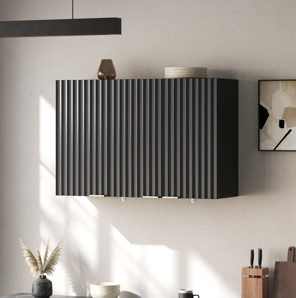 DESMIU Wandschrank - Wandmontage Met 3 Deuren En Gesloten Opbergruimte - Voor Keuken, Badkamer En Wasruimte - MDF - Zwart - 90x29x60 Cm