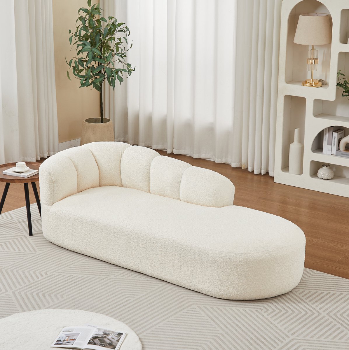 Chaise longue 204 x 87 x 66 cm - Wellenvormige Rugleuning - Voor Woonkamer En Slaapkamer - Chenille - Beige