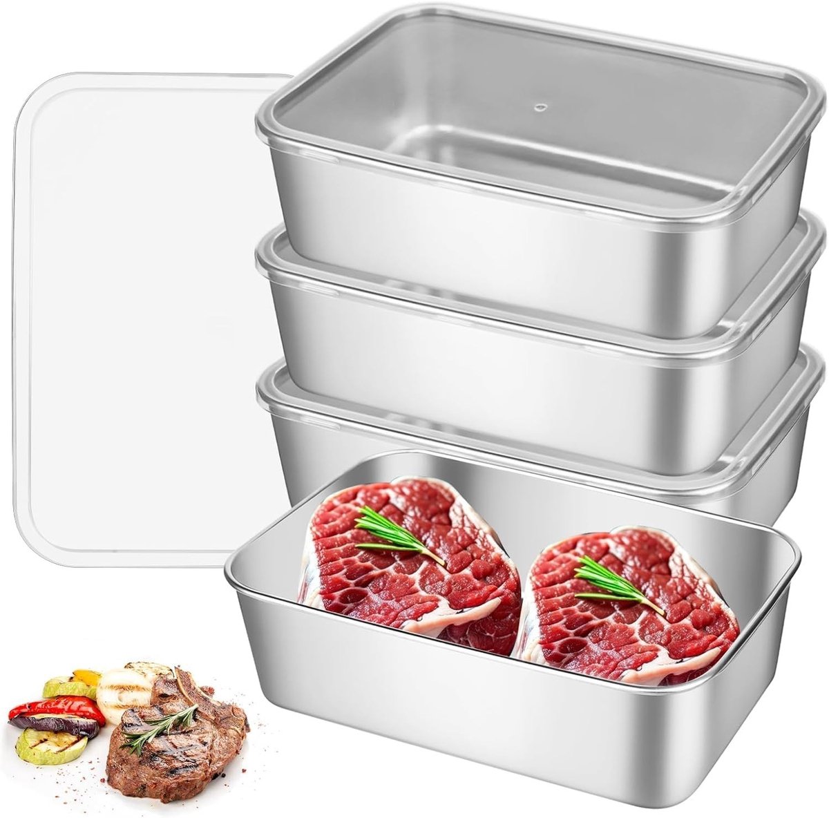 Set van 4 Opslagcontainers met Deksel, 2000 ml, RVS, Luchtdicht, Voor Kaas, Fruit, Vlees en Salades