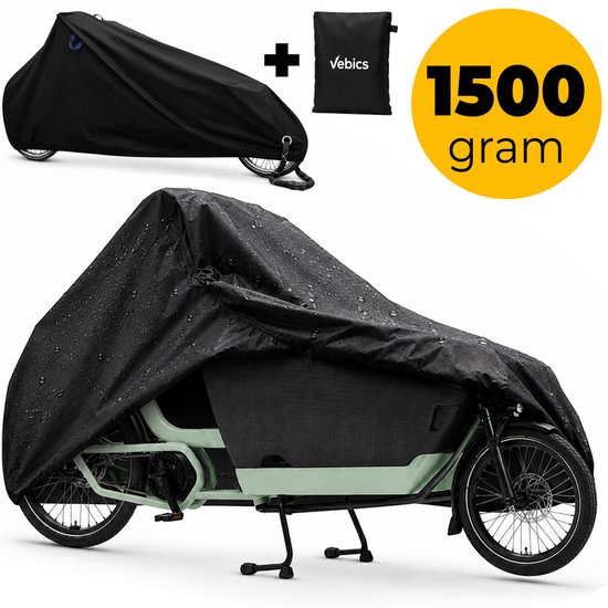 Zwarte bakfietshoes met opbergtas en '1500 gram' tekst. Afmetingen aangegeven.