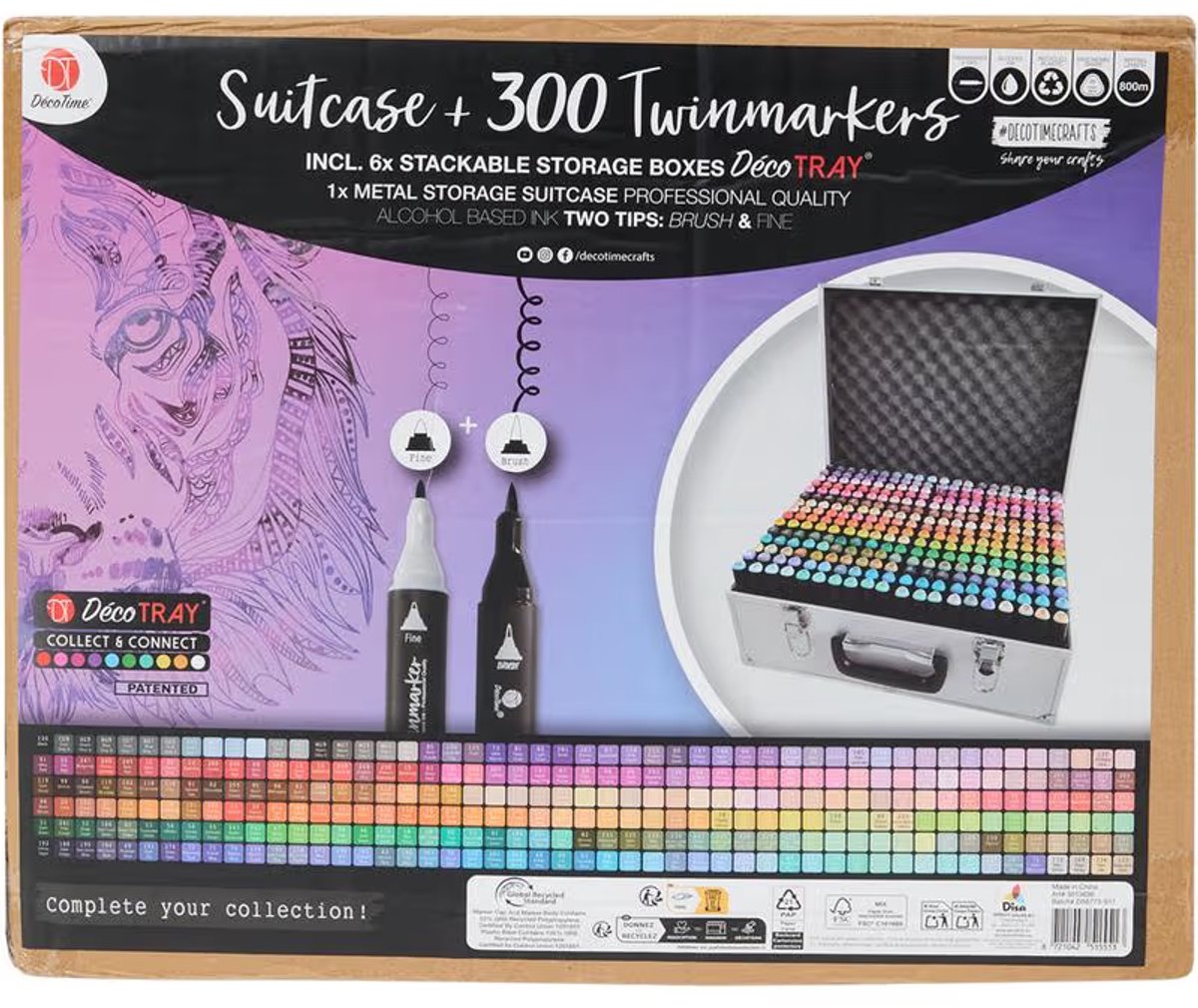 Décotime Twinmarkers Mega XXL-set 300 stuks in metalen opbergkist - Twinmarkers voor volwassenen - Alcohol markers - Stiften - Markeerstiften