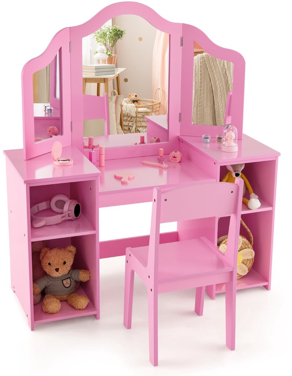 SureDeal® - Kaptafel - Make Uptafel - Kinderen Bureau - Stoel - Afneembare Spiegel - Meisjes - Vakken Prinses - 107x40x117 cm - Roze