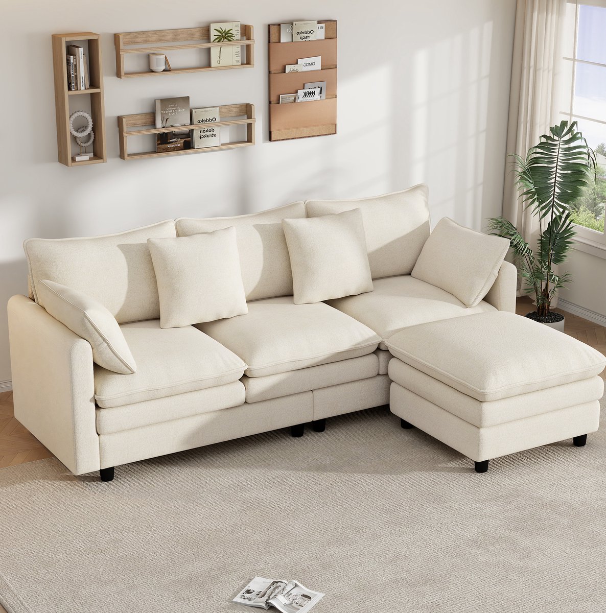 MODENUIT Hoekbank 212 x 150 x 90 cm - L-vormig met verplaatsbare chaise longue - 3-zits - Chenille Beige