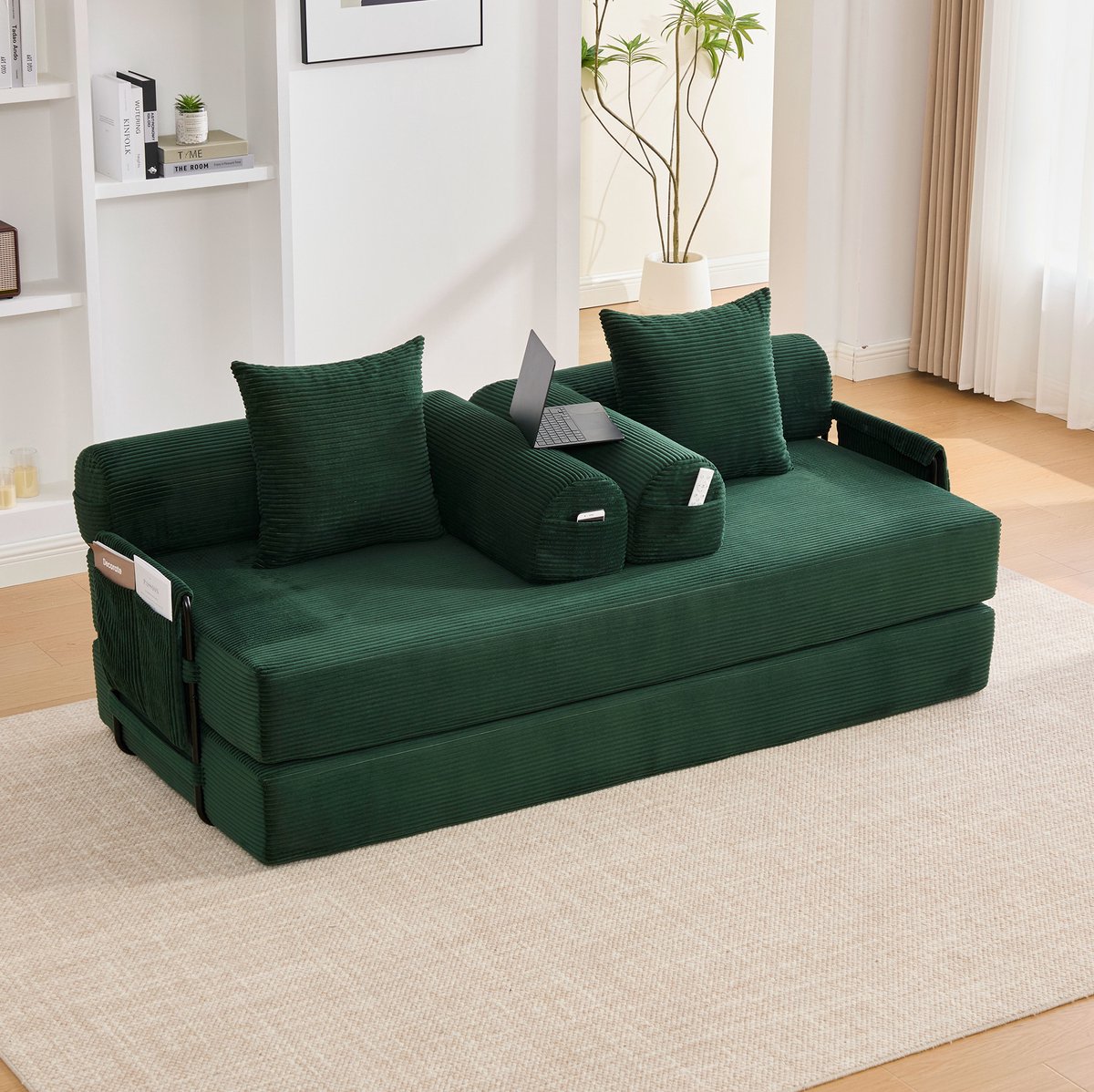 MODENUIT Modulaire Slaapbank 200 x 94 x 67 cm - Uitklapbaar Met 3 Kussens En Opbergtas - Woonkamer - Corduroy - Emerald