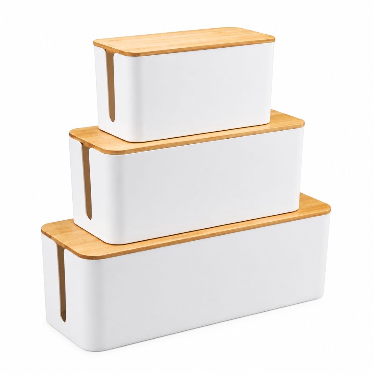 Ceruzo Kabelbox Set- 3 delig- M L XL - Kabel Organizer voor Stekkerdoos -Bamboe Deksel -Wit