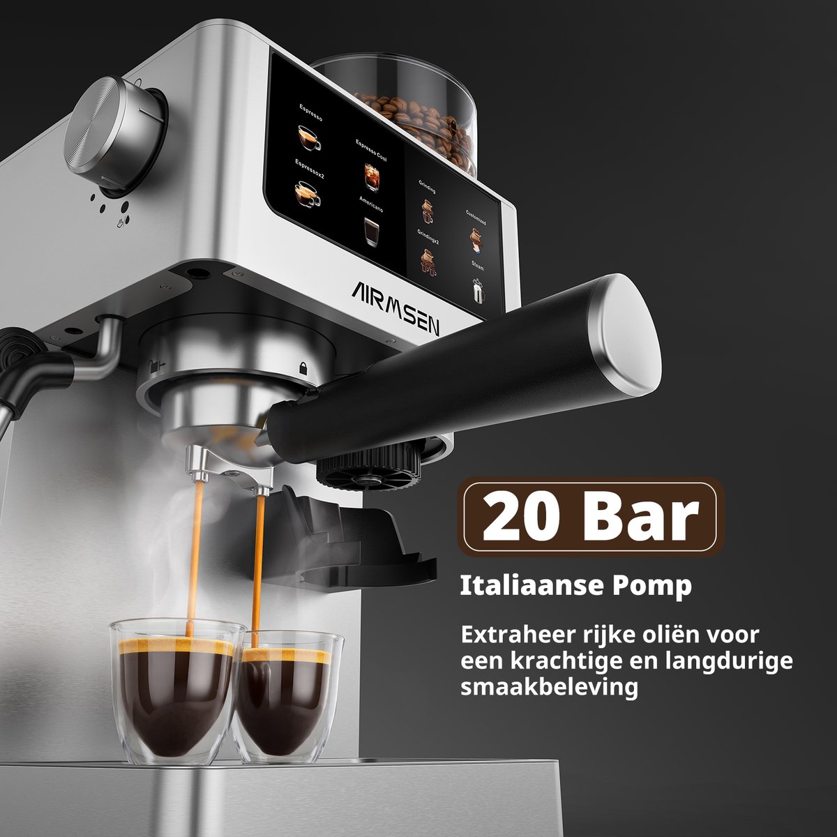 AIRMSEN Espressomachine met Bonenmaler - 20 Bar Pistonmachine - RVS - Compact - 10 Maastanden - Stoompijpje - Touch LED - 1 & 2 Kops - Zilver thumbnail 3