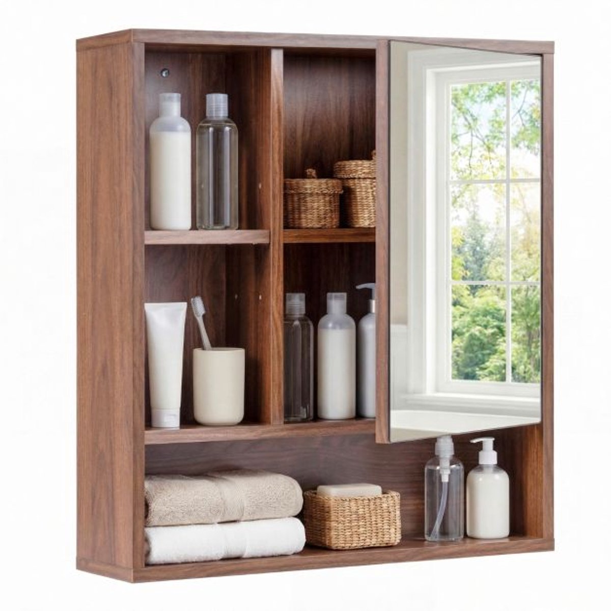 SureDeal® - Hangkast - Badkamermeubel - Spiegel Voorzien Spiegel - Legplanken - 55x16x61 cm - Bruin