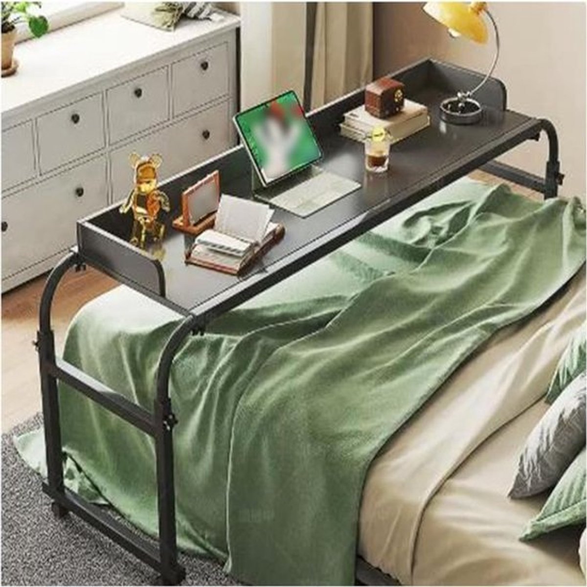 Bedtafel Verrijdbaar - Nachtkastje Bureau - Ontspannen Werken - In Hoogte Verstelbaar - 115-210cm Breed - Zwart