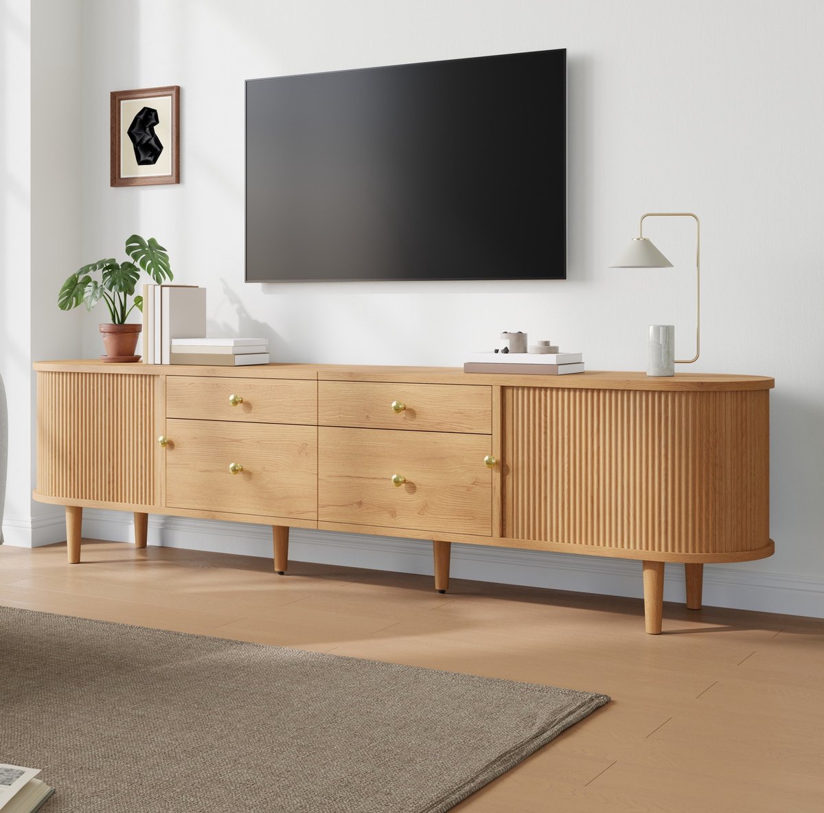 Tv Meubel - Schuifdeuren Met 4 Lades En Ronde Zijkanten - Voor Woonkamer En Slaapkamer - Mdf En Spaanplaat - 180x35x50 Cm - Naturel