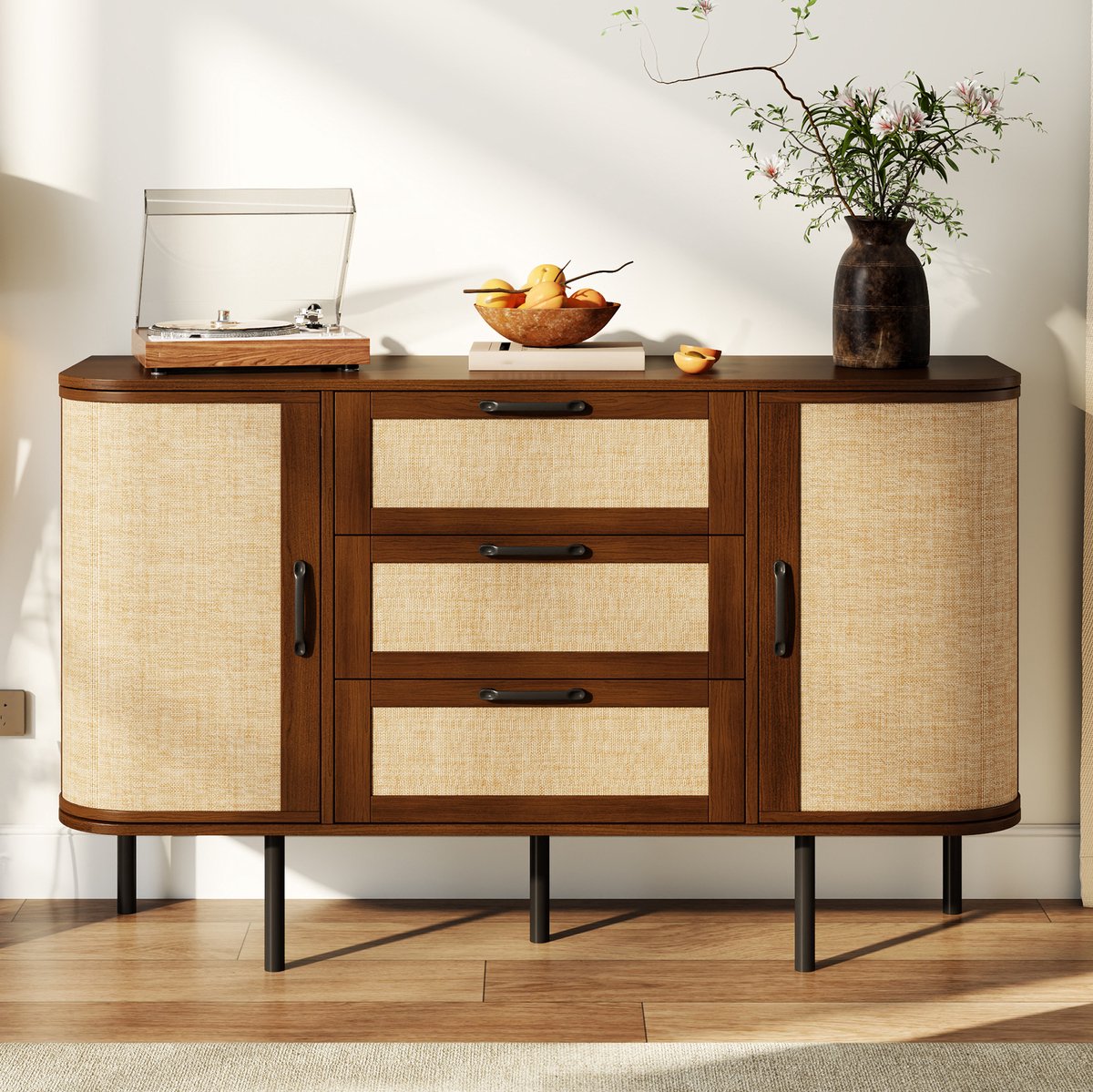 DESMIU Dressoir - Afgeronde Hoeken En Vlechtwerk Front - Met 2 Deuren En 3 Laden - Voor Woonkamer En Hal - MDF - Walnoot - 120x40x82 Cm
