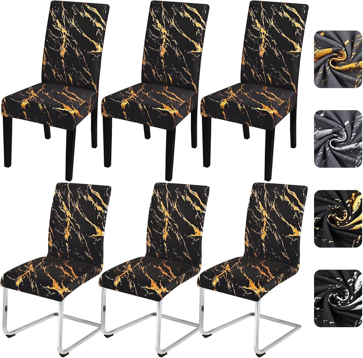 Set van 6 Rekbare Stoelhoezen voor Schommelstoelen en Eetstoelen - Wasbare en Verwijderbare Universele Stoelbeschermers voor Keuken, Feest en Restaurant - Zwart met Goud