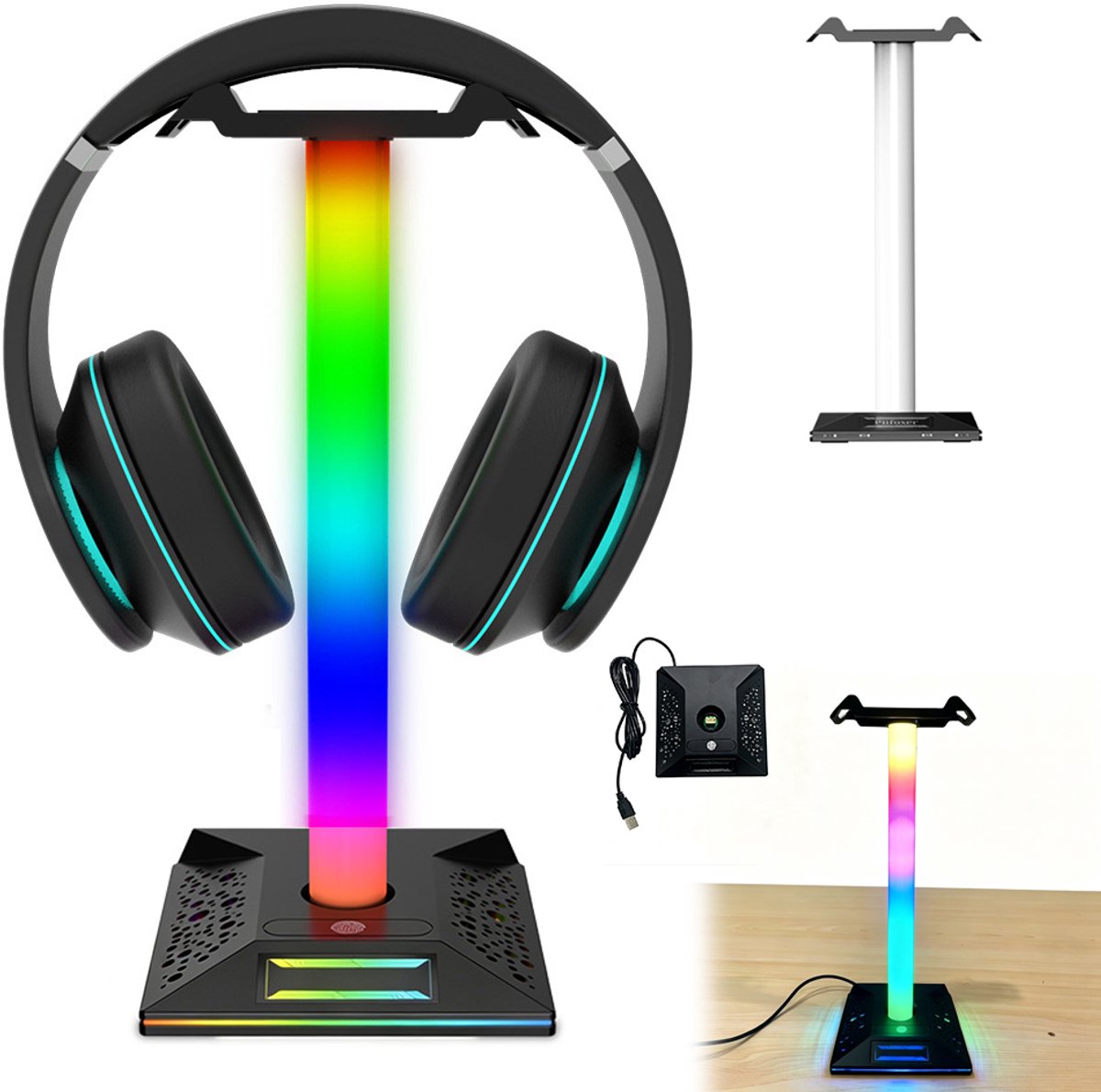 RGB Gaming Headsetstandaard – PC Headsetstandaard - Headsetstandaard met touchscreenbediening - Met dubbele USB- en Type-C-poorten – 10 verlichte kleuren – Geschikt voor gaming en kantoorgebruik - Zwart